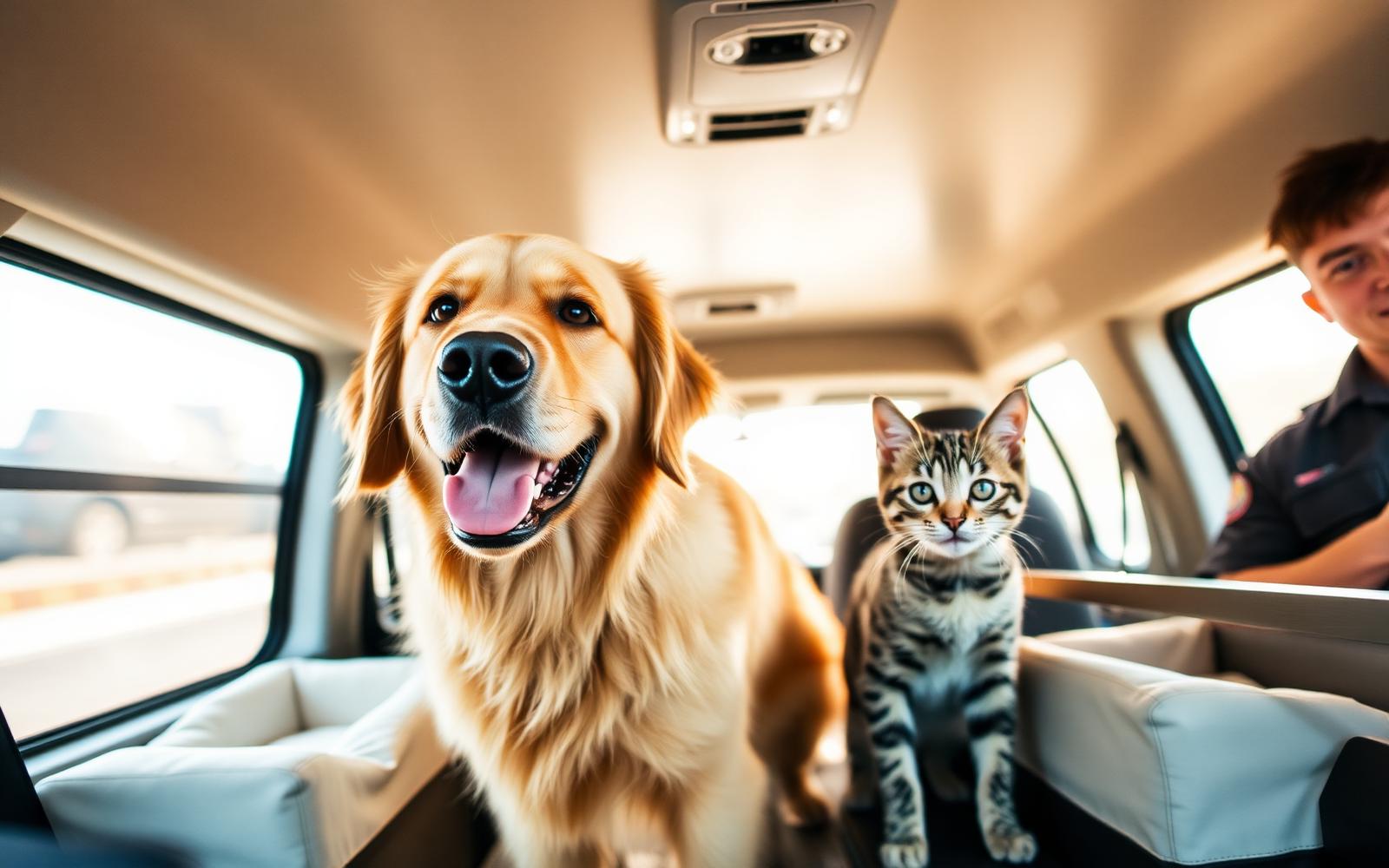 Golden retriever and tabby cat traveling safely inside a climate-controlled QuickPaw pet transport van